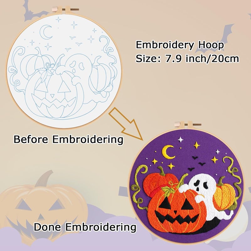 Nuberlic Halloween Embroidery Kits for Beginners Ghost Pumpkin DIY Cross Stitch Starter Craft Kits for Adults Including Cloth with Pattern Hoop Needles Instruction and Threads - Image 5